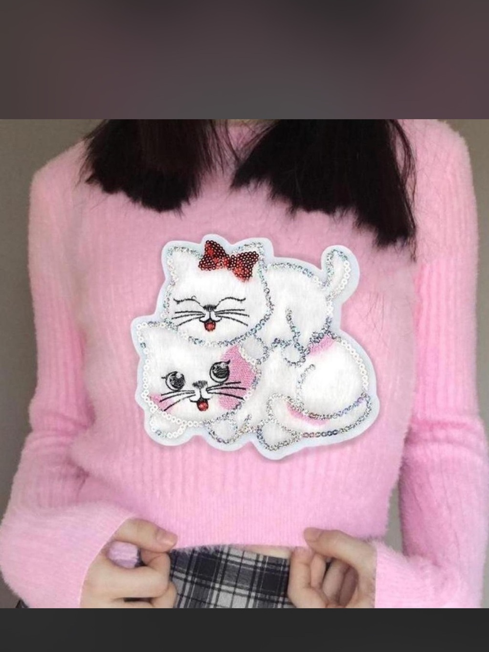 Pink Fuzzy Kitty Patch Crop Sweater